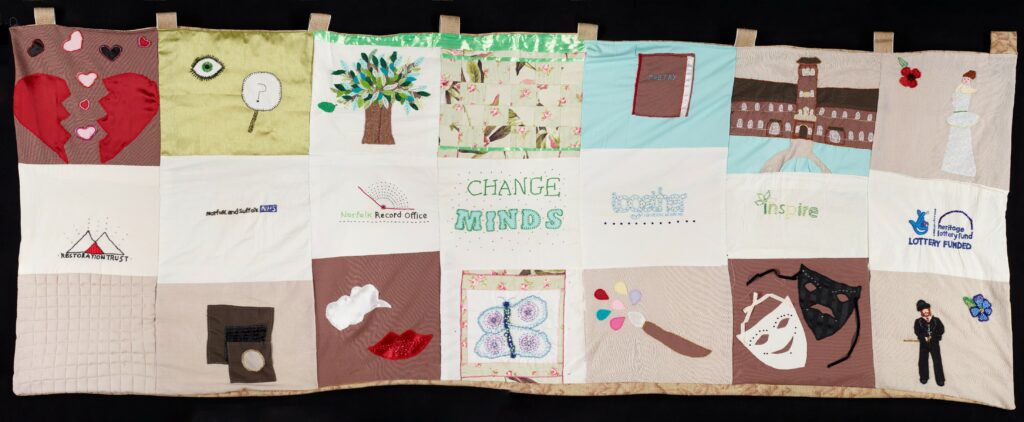 Image shows quilt of 21 squares inspired by County Asylum case books